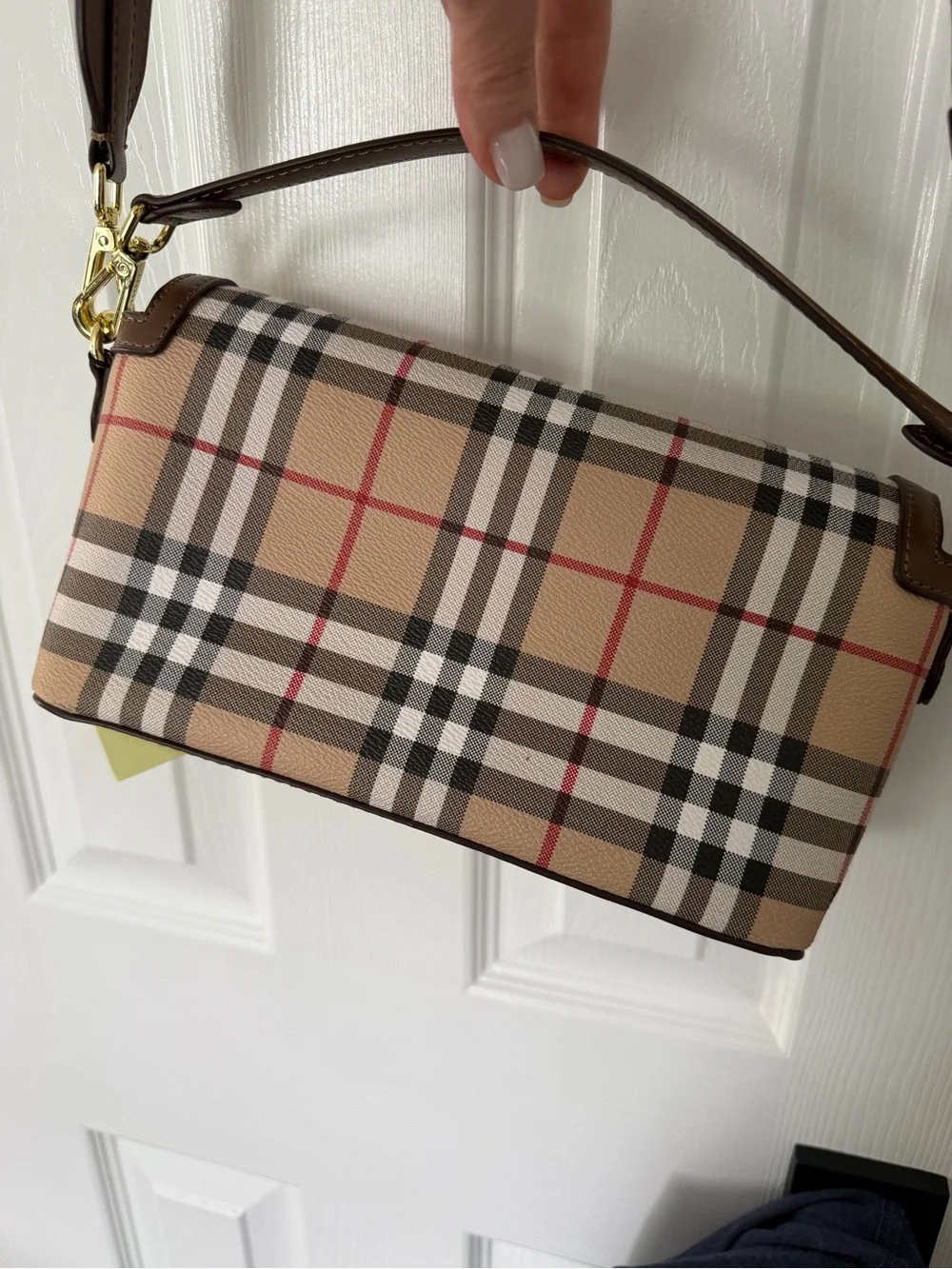 NWT Luxury Inspired Beige Check Canvas and Leather Crossbody Bag